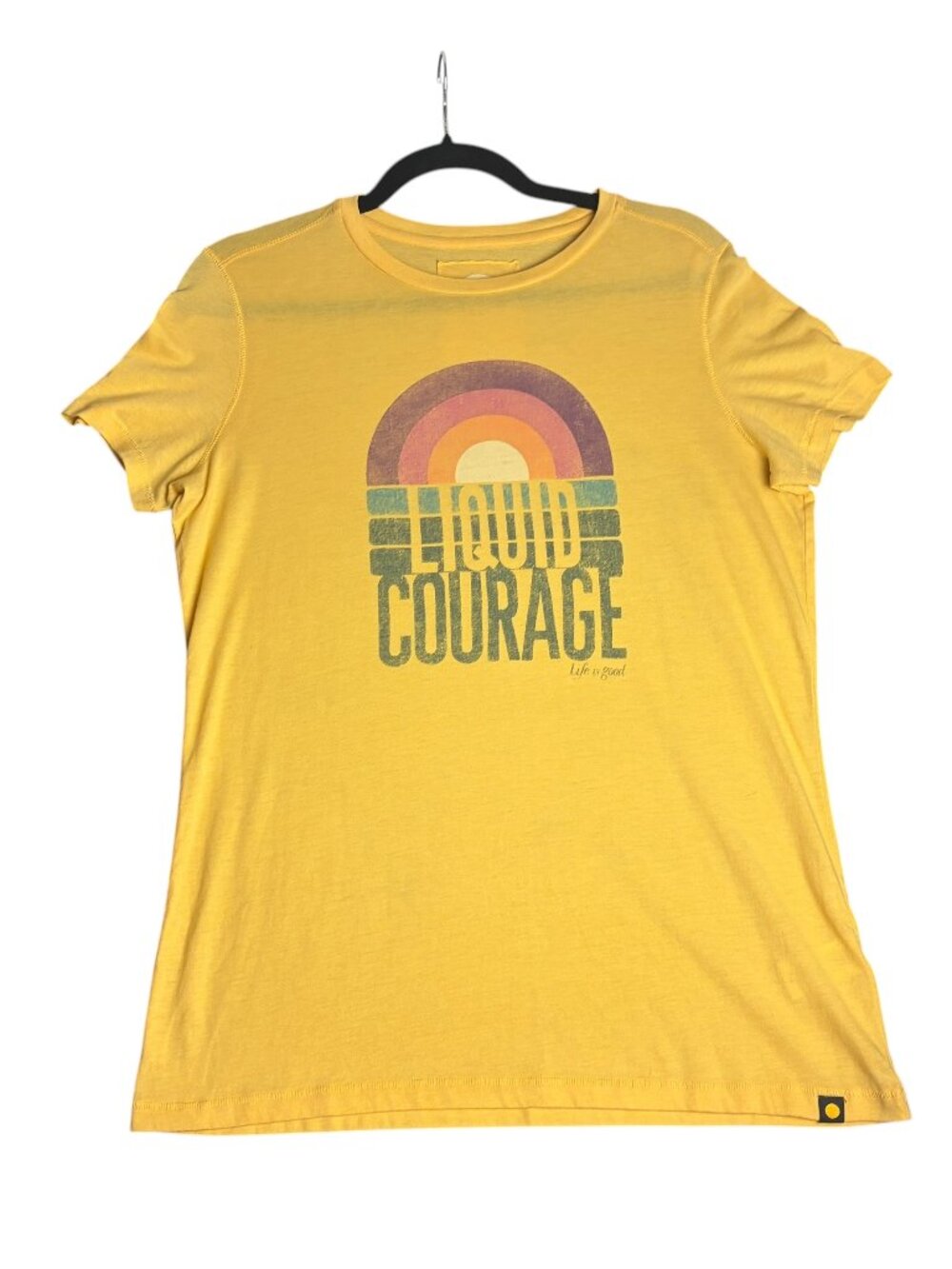 Life is Good Women's Size M Classic Fit T Shirt Yellow Liquid Courage Rainbow
